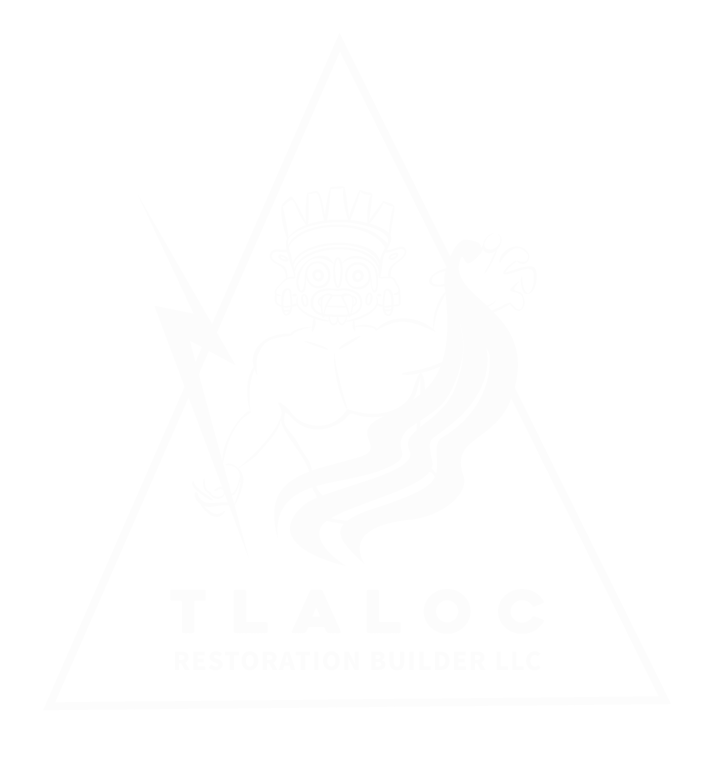 TLALOC-LOGO-VECTORS-04 Triangle logo with a stylized figure holding a lightning bolt and water. Text below reads: "TLALOC RESTORATION BUILDER LLC.